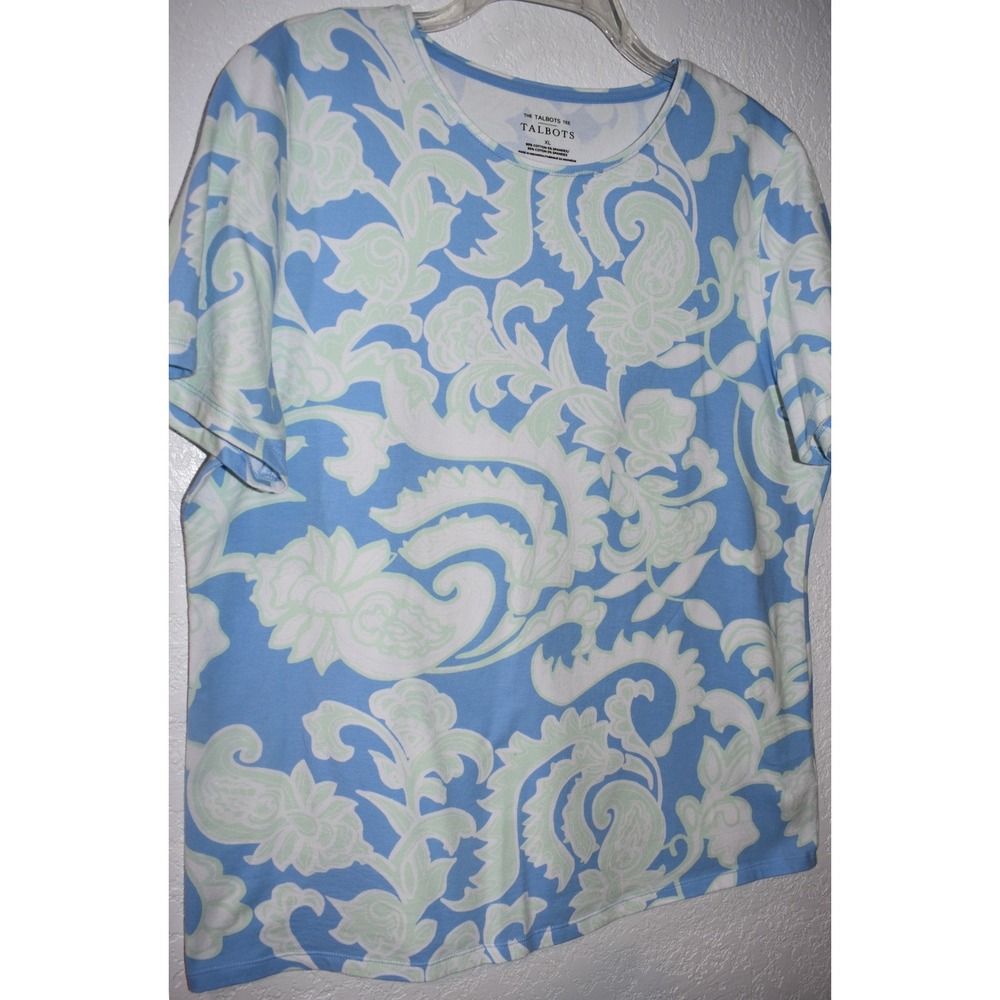 Talbots Tee XL Stretch Top Blue Mint Green Paisley Floral Short Slv Pullover - Picture 11 of 16